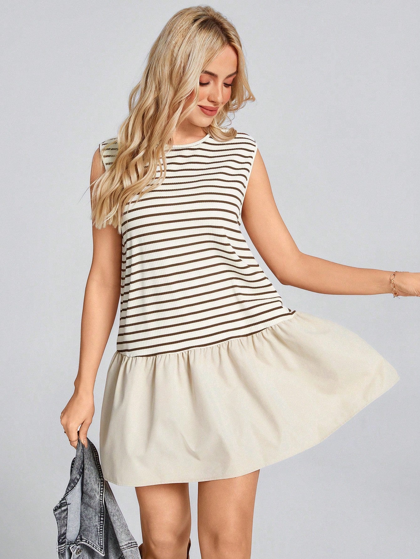 Wildy BOHO Summer Baggy Western Boho Women's Sleeveless Round Neck Striped Splice Woven Casual Vacation Mini Dress, Spring/Summercasual Outfit For Women