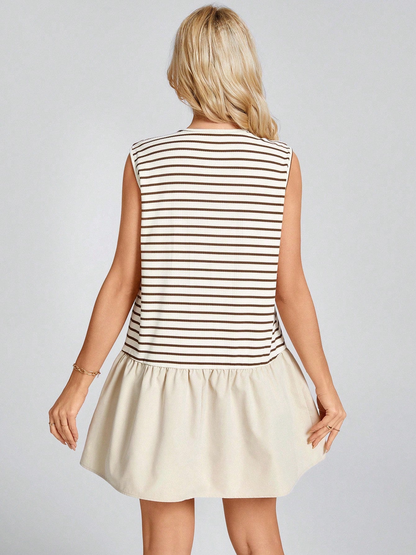 Wildy BOHO Summer Baggy Western Boho Women's Sleeveless Round Neck Striped Splice Woven Casual Vacation Mini Dress, Spring/Summercasual Outfit For Women