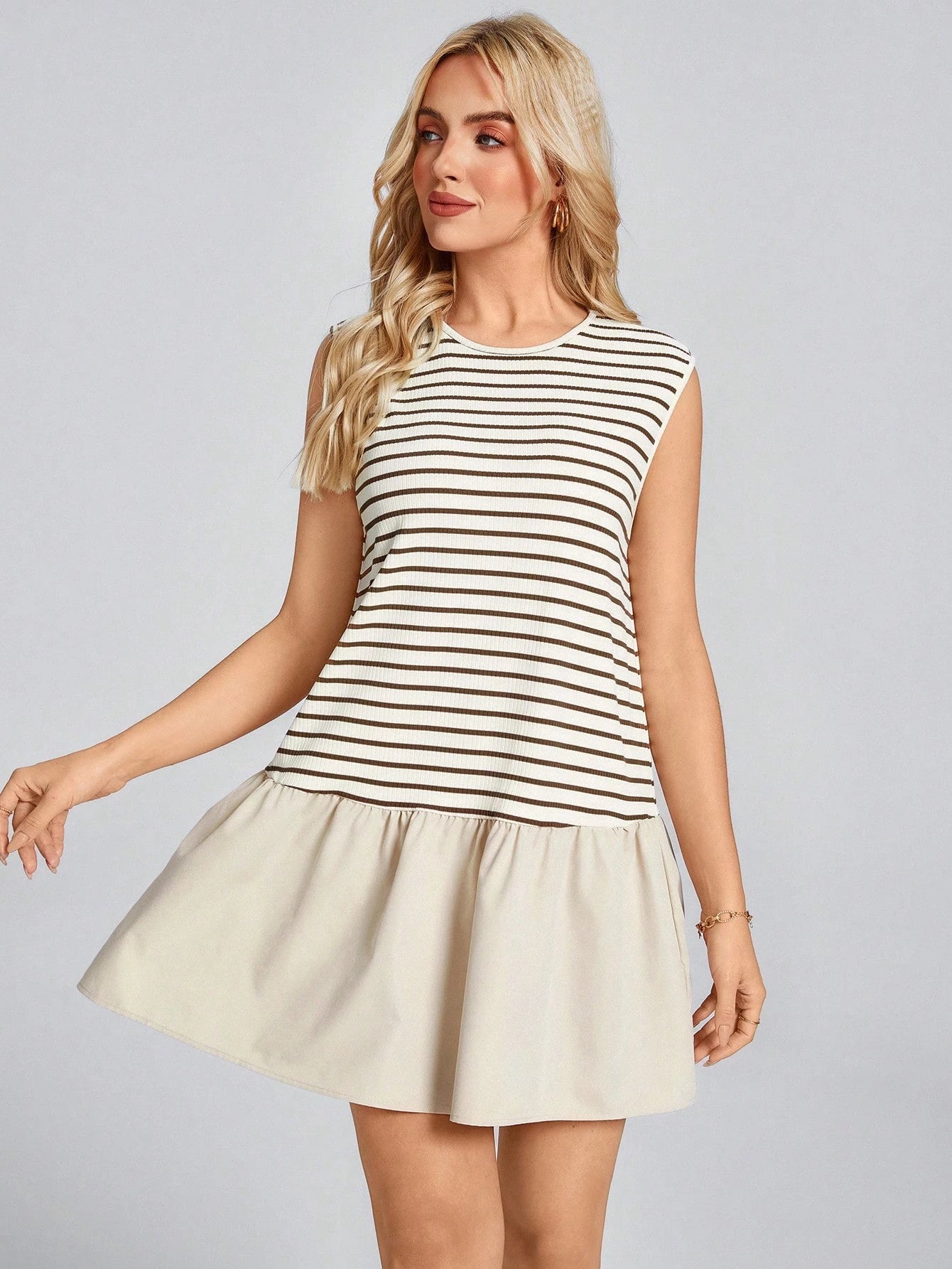 Wildy BOHO Summer Baggy Western Boho Women's Sleeveless Round Neck Striped Splice Woven Casual Vacation Mini Dress, Spring/Summercasual Outfit For Women