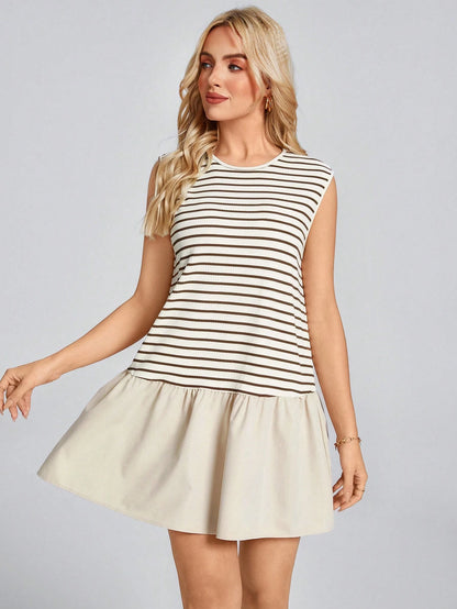 Wildy BOHO Summer Baggy Western Boho Women's Sleeveless Round Neck Striped Splice Woven Casual Vacation Mini Dress, Spring/Summercasual Outfit For Women
