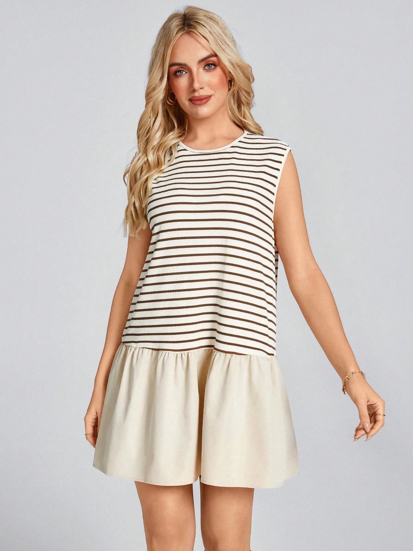 Wildy BOHO Summer Baggy Western Boho Women's Sleeveless Round Neck Striped Splice Woven Casual Vacation Mini Dress, Spring/Summercasual Outfit For Women