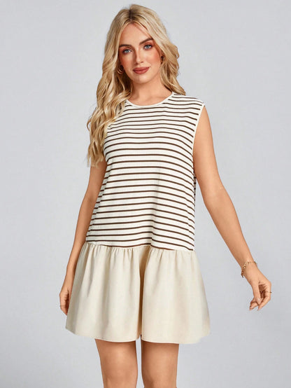 Wildy BOHO Summer Baggy Western Boho Women's Sleeveless Round Neck Striped Splice Woven Casual Vacation Mini Dress, Spring/Summercasual Outfit For Women