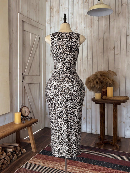 Wildy Leopard Print Knitted Sleeveless Bodycon Dress For Women,Summer Dresses For Women