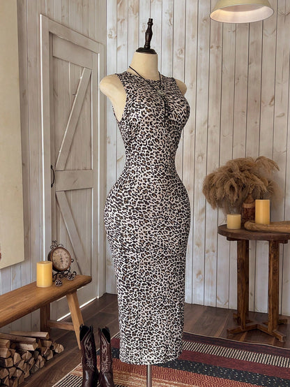 Wildy Leopard Print Knitted Sleeveless Bodycon Dress For Women,Summer Dresses For Women