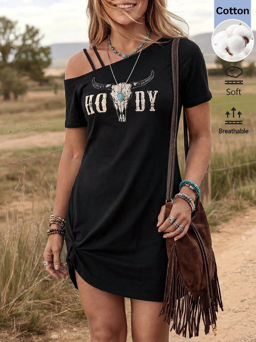 Wildy Women's Summer Casual Country Western Graphic Mini Dress, Black And White Music Festival Vacation Going Out Holiday Concert Boho Chic Asymmetric Hem