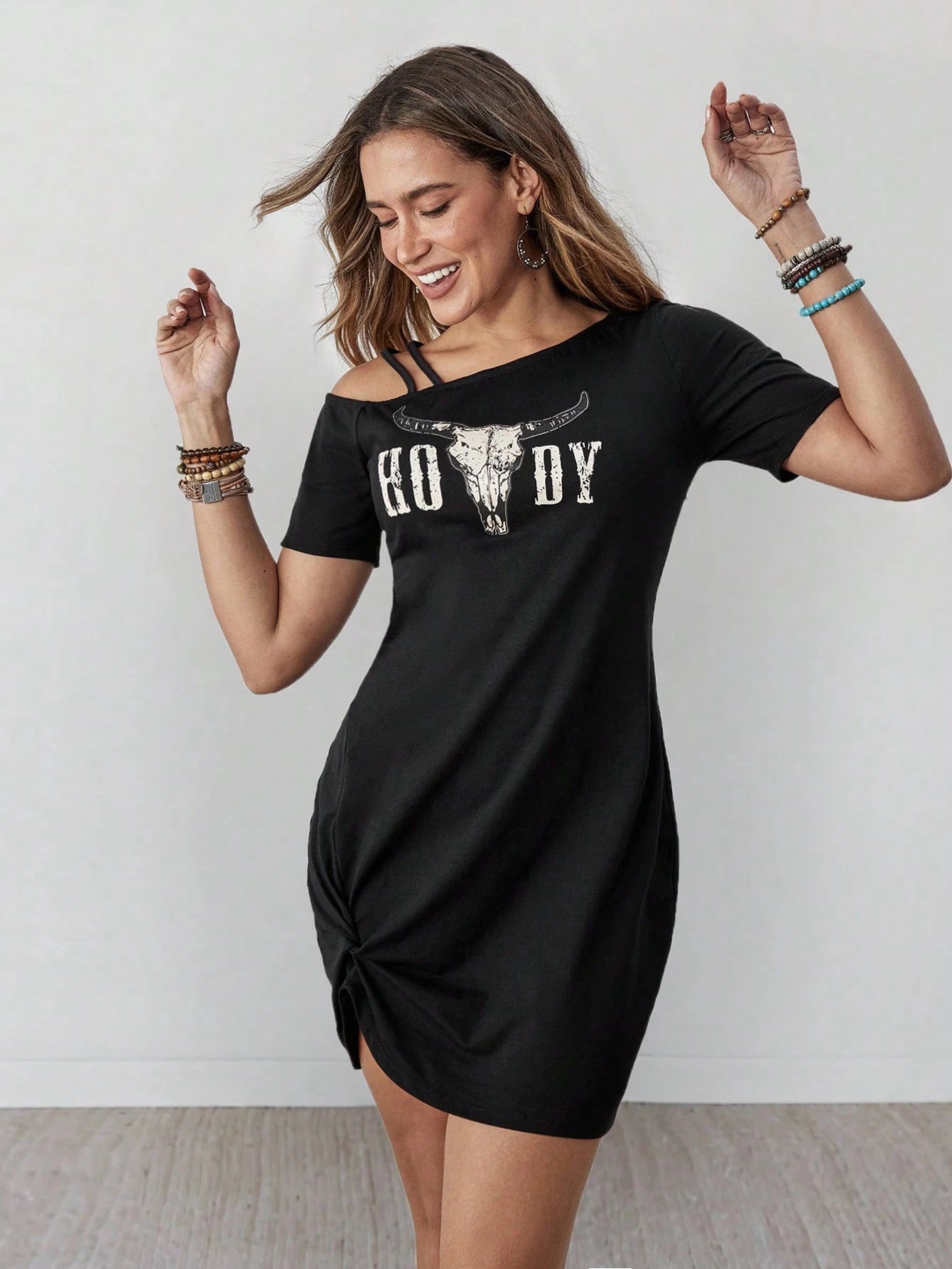 Wildy Women's Summer Casual Country Western Graphic Mini Dress, Black And White Music Festival Vacation Going Out Holiday Concert Boho Chic Asymmetric Hem