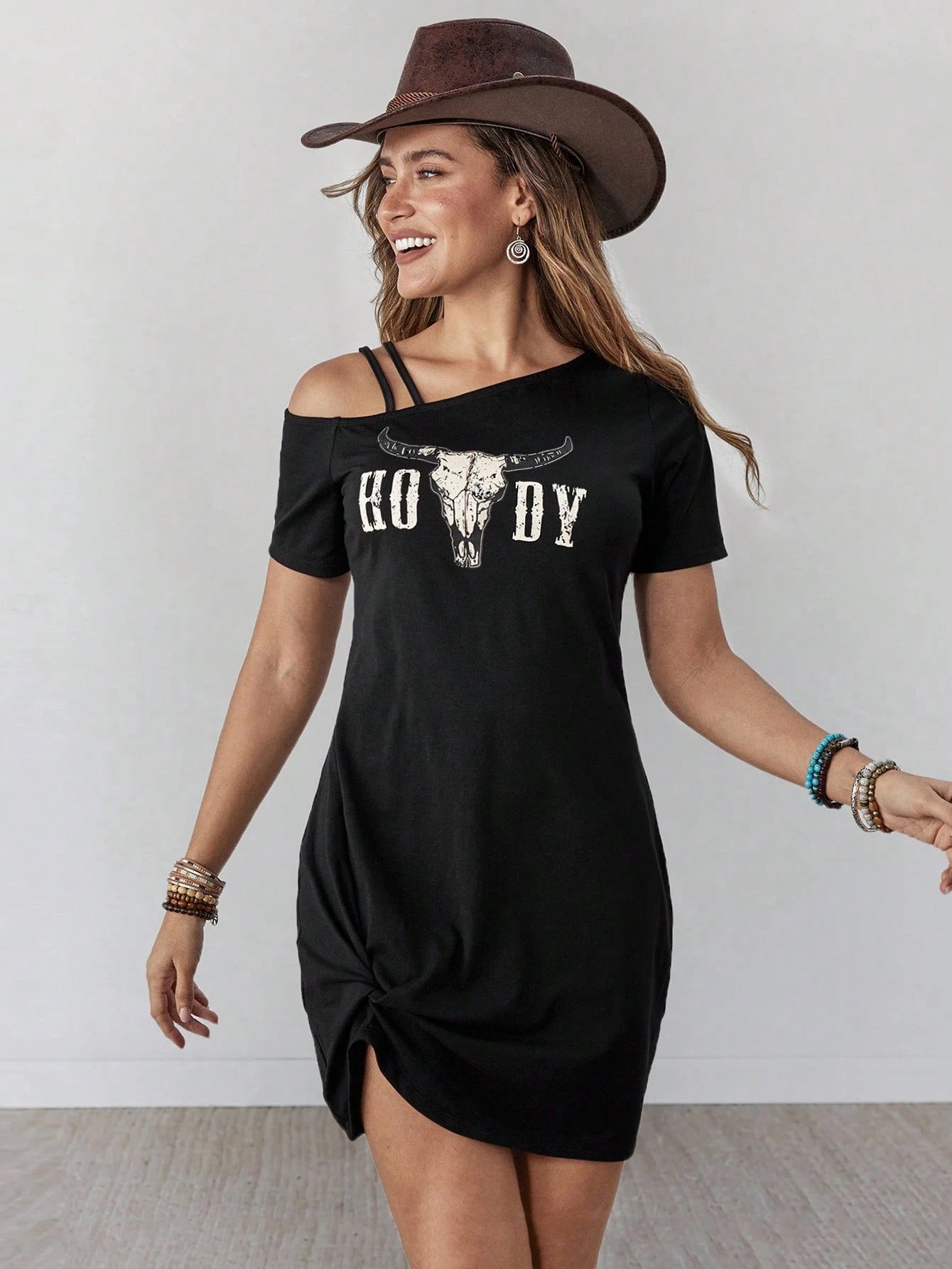 Wildy Women's Summer Casual Country Western Graphic Mini Dress, Black And White Music Festival Vacation Going Out Holiday Concert Boho Chic Asymmetric Hem