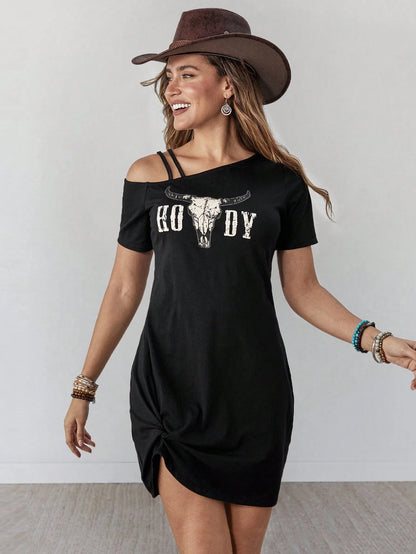 Wildy Women's Summer Casual Country Western Graphic Mini Dress, Black And White Music Festival Vacation Going Out Holiday Concert Boho Chic Asymmetric Hem