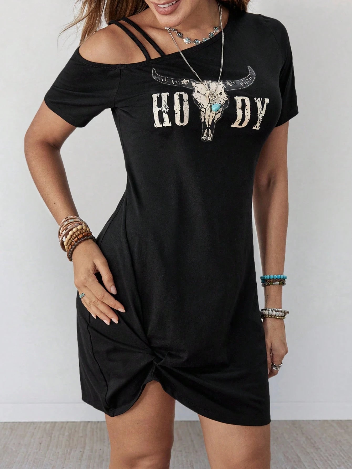 Wildy Women's Summer Casual Country Western Graphic Mini Dress, Black And White Music Festival Vacation Going Out Holiday Concert Boho Chic Asymmetric Hem