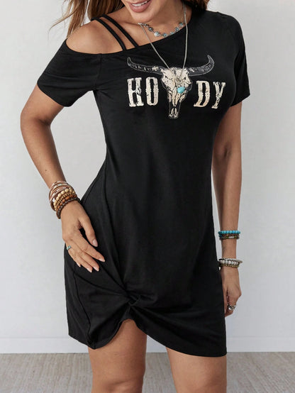 Wildy Women's Summer Casual Country Western Graphic Mini Dress, Black And White Music Festival Vacation Going Out Holiday Concert Boho Chic Asymmetric Hem