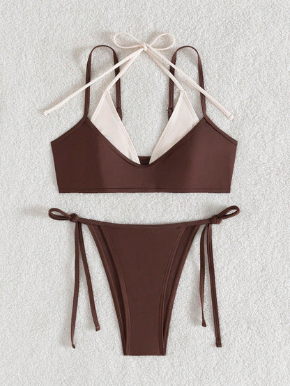 wohenmeili Women's Color-Block Halter Tie Two Piece Bikini, High Waisted Contrast Design Swimwear For Summer Beach