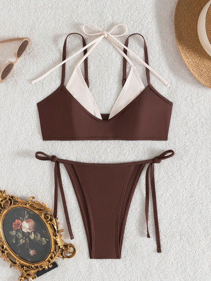 wohenmeili Women's Color-Block Halter Tie Two Piece Bikini, High Waisted Contrast Design Swimwear For Summer Beach