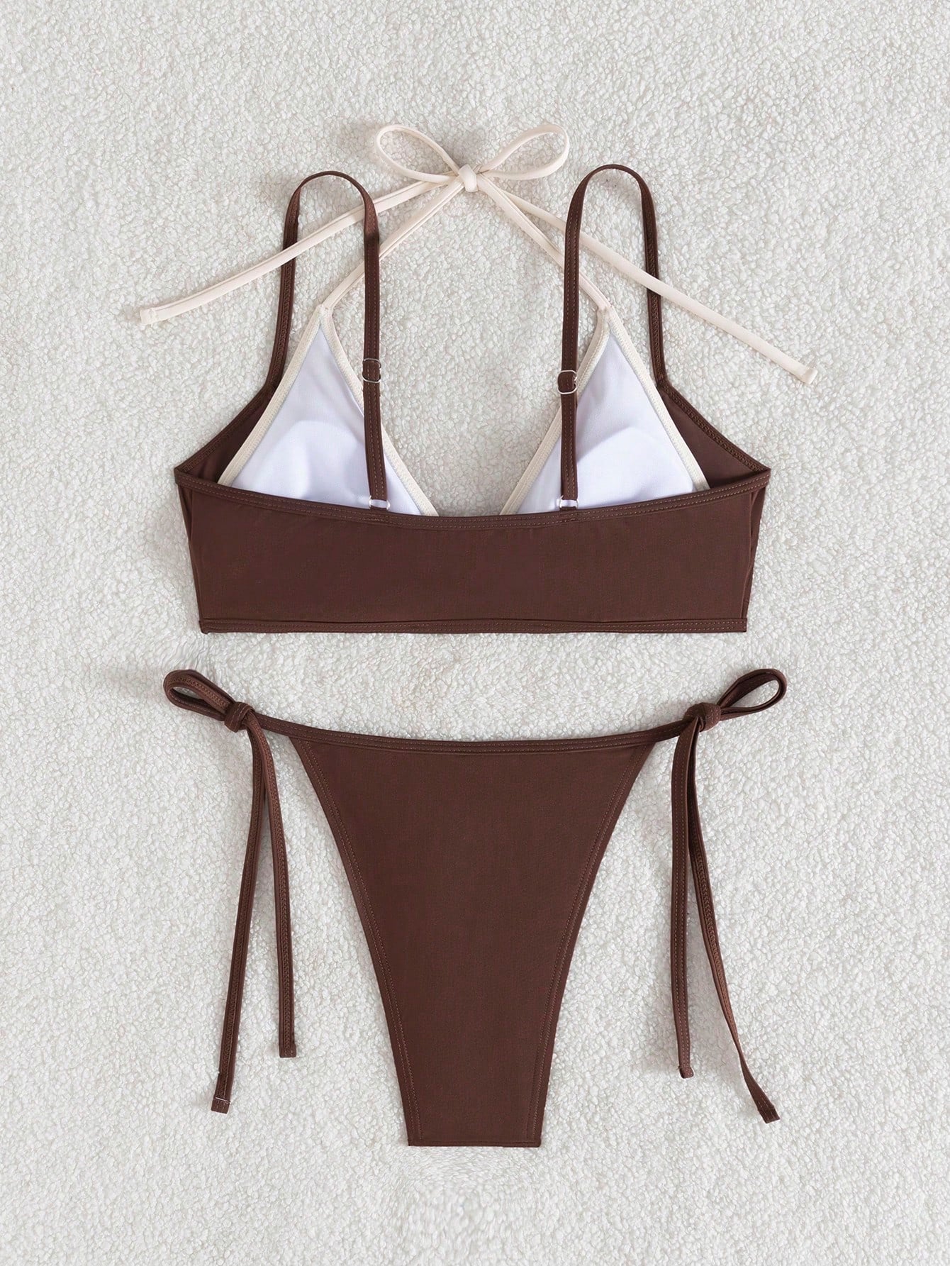 wohenmeili Women's Color-Block Halter Tie Two Piece Bikini, High Waisted Contrast Design Swimwear For Summer Beach