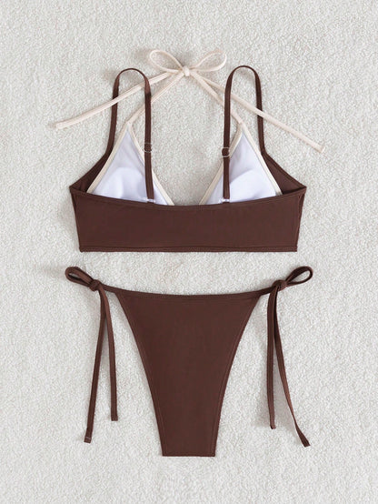 wohenmeili Women's Color-Block Halter Tie Two Piece Bikini, High Waisted Contrast Design Swimwear For Summer Beach