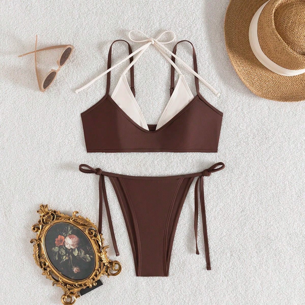wohenmeili Women's Color-Block Halter Tie Two Piece Bikini, High Waisted Contrast Design Swimwear For Summer Beach