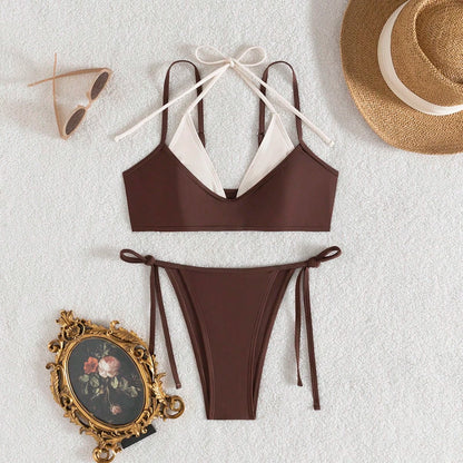 wohenmeili Women's Color-Block Halter Tie Two Piece Bikini, High Waisted Contrast Design Swimwear For Summer Beach
