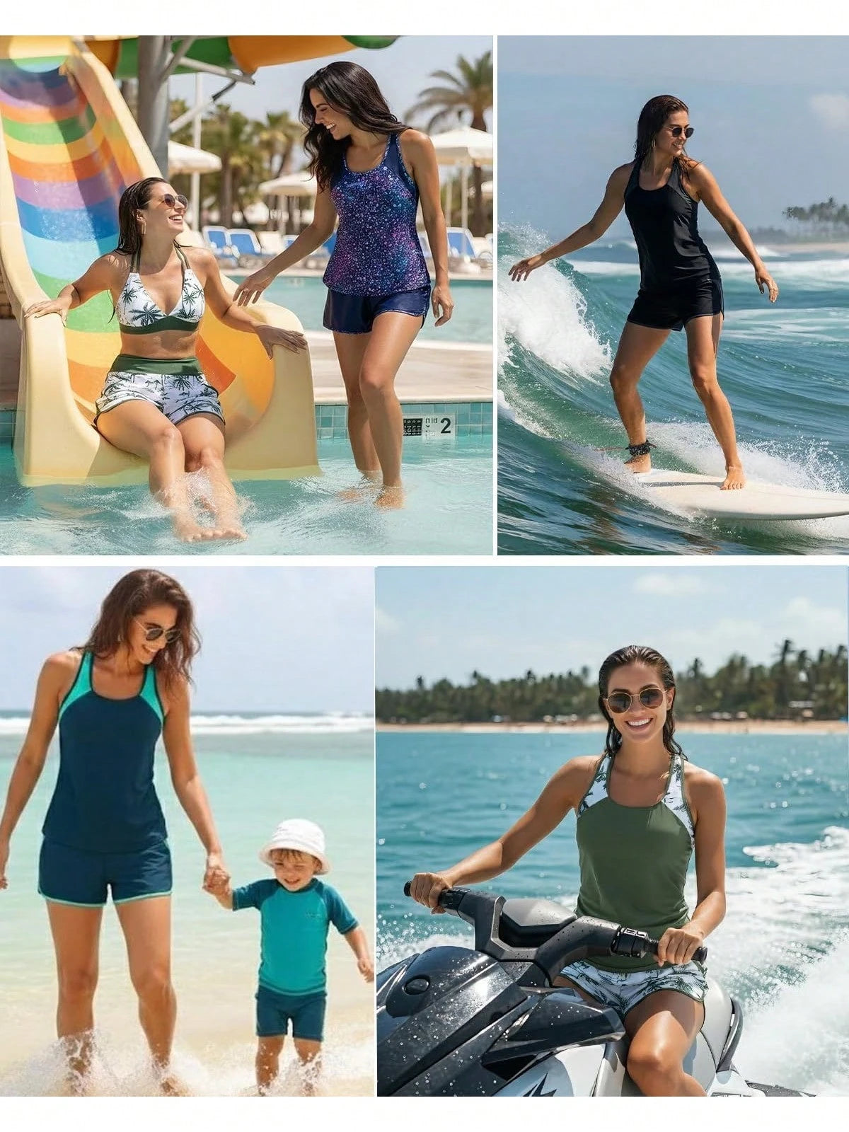 Women 3 Piece Swimsuits- Tummy Control Tank Top With Bra Modest Bathing Suit With Pockets Boyshorts Bottom,Summer Water Activities Outfit