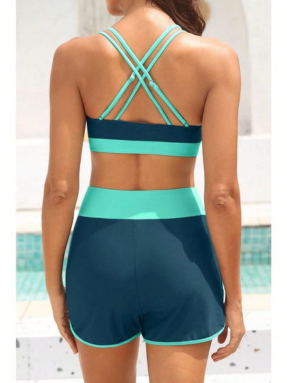 Women 3 Piece Swimsuits- Tummy Control Tank Top With Bra Modest Bathing Suit With Pockets Boyshorts Bottom,Summer Water Activities Outfit