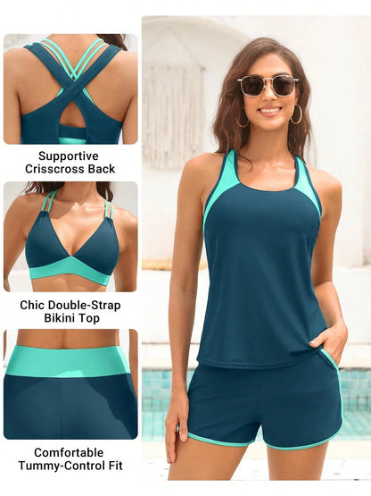 Women 3 Piece Swimsuits- Tummy Control Tank Top With Bra Modest Bathing Suit With Pockets Boyshorts Bottom,Summer Water Activities Outfit