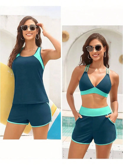 Women 3 Piece Swimsuits- Tummy Control Tank Top With Bra Modest Bathing Suit With Pockets Boyshorts Bottom,Summer Water Activities Outfit