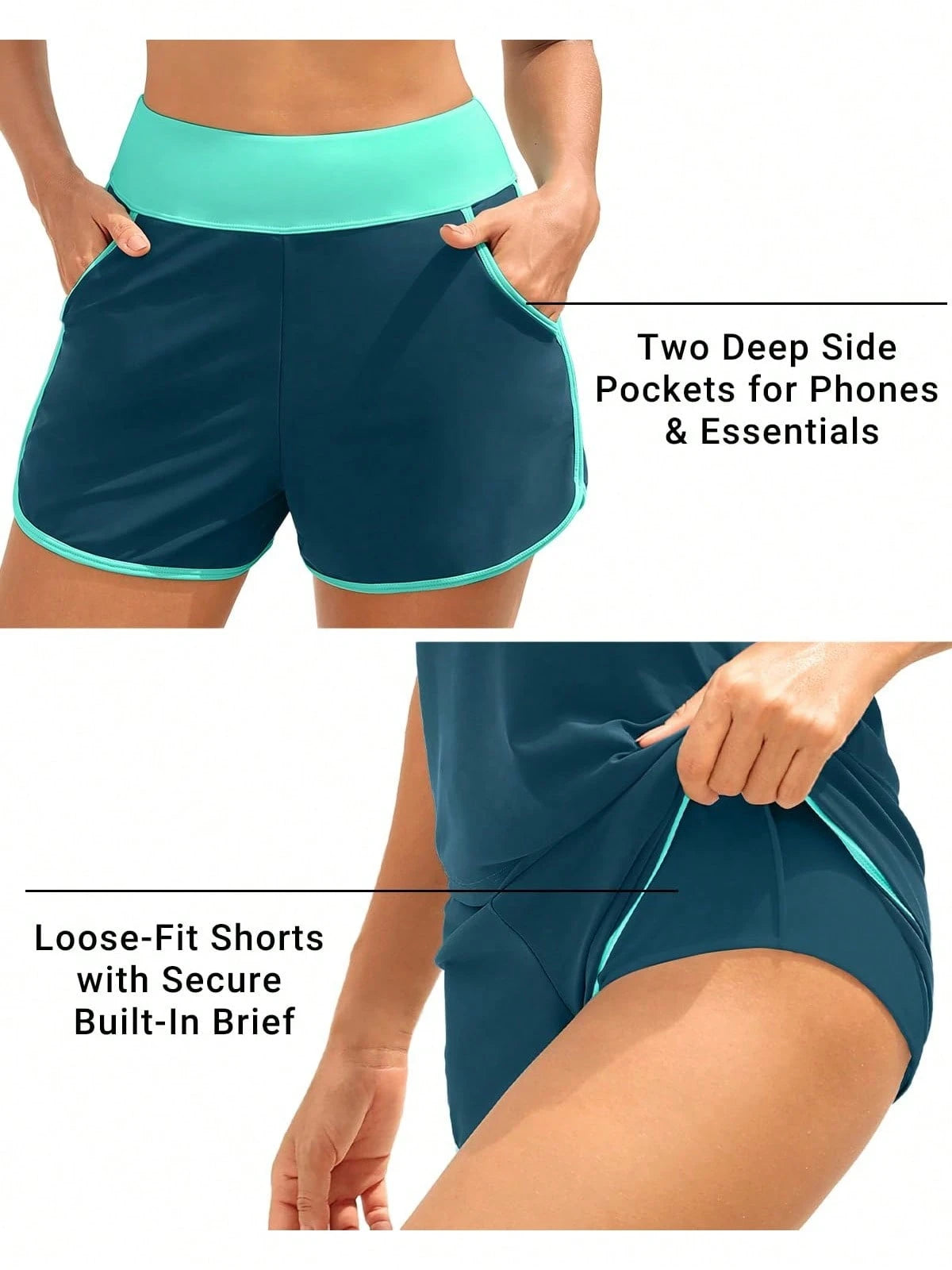 Women 3 Piece Swimsuits- Tummy Control Tank Top With Bra Modest Bathing Suit With Pockets Boyshorts Bottom,Summer Water Activities Outfit