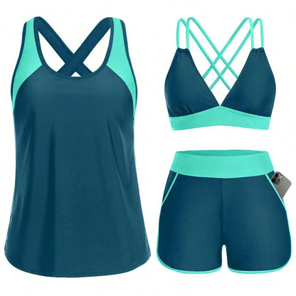Women 3 Piece Swimsuits- Tummy Control Tank Top With Bra Modest Bathing Suit With Pockets Boyshorts Bottom,Summer Water Activities Outfit
