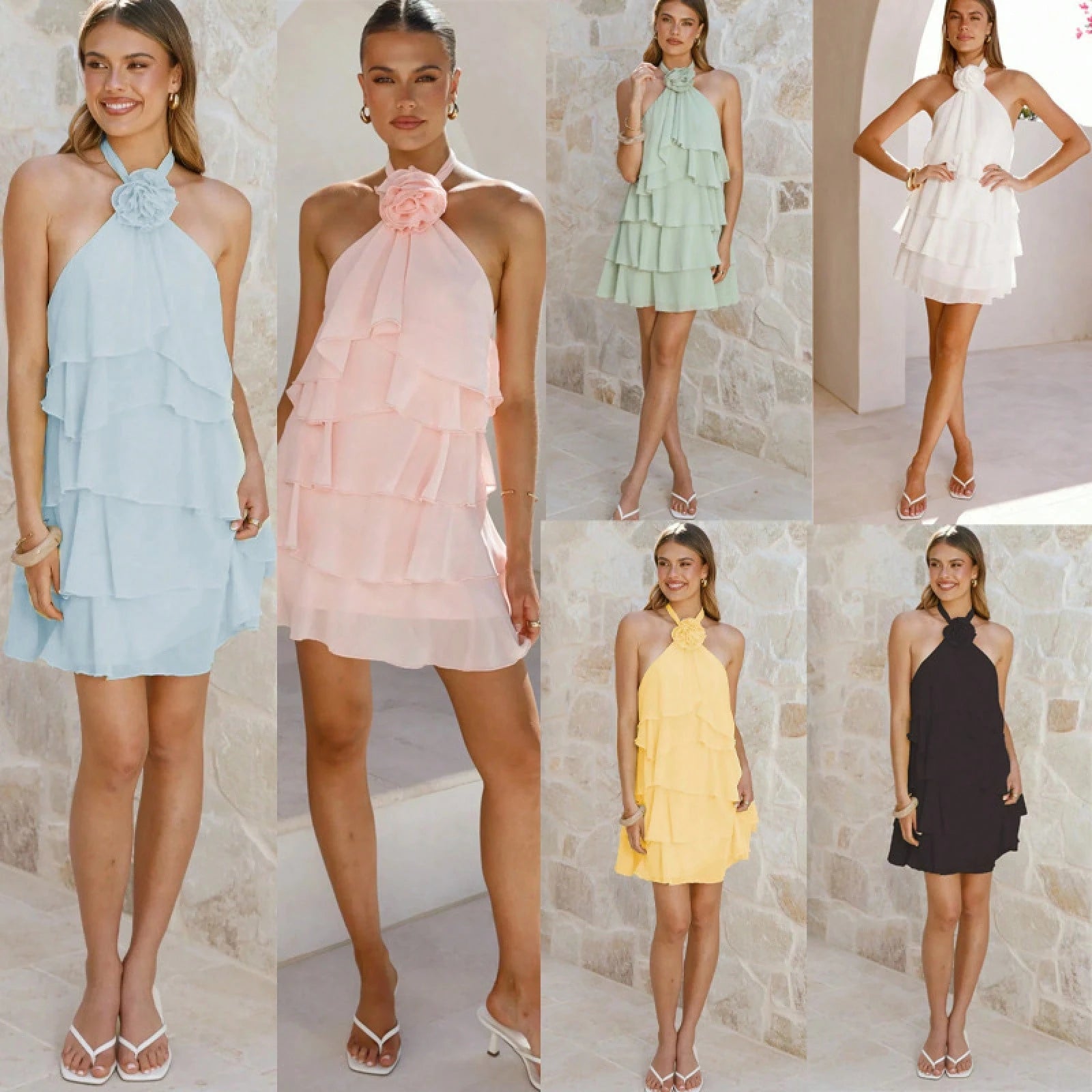 Women 6-Pcs Colors Halter Neck Tiered Ruffle Mini Dress With 3D Flower Detail Chiffon A-Line Casual Dress For Summer Party Bridal Shower Brunch Wear