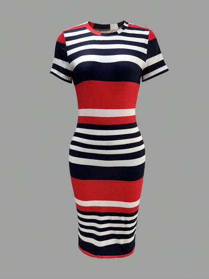 Women Casual Colorblock Striped Bodycon Dress Elegant Summer