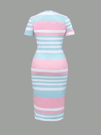 Women Casual Colorblock Striped Bodycon Dress Elegant Summer