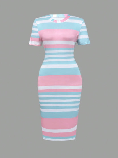 Women Casual Colorblock Striped Bodycon Dress Elegant Summer