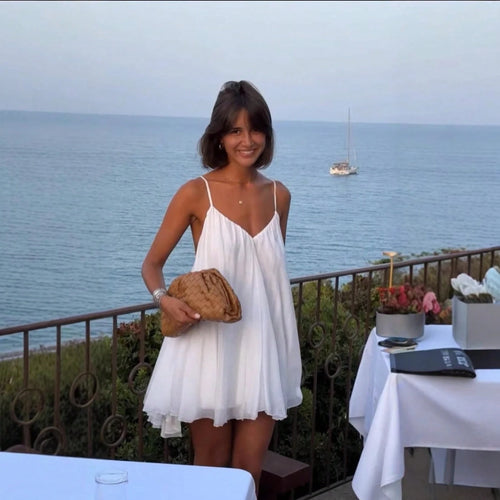 Women Chic French Vacation Backless Mini Dress Stylish Open Back Spaghetti Strap Dress Ideal Outfit For Beach Party