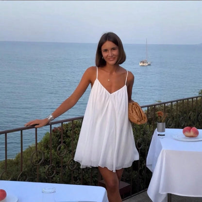 Women Chic French Vacation Backless Mini Dress Stylish Open Back Spaghetti Strap Dress Ideal Outfit For Beach Party