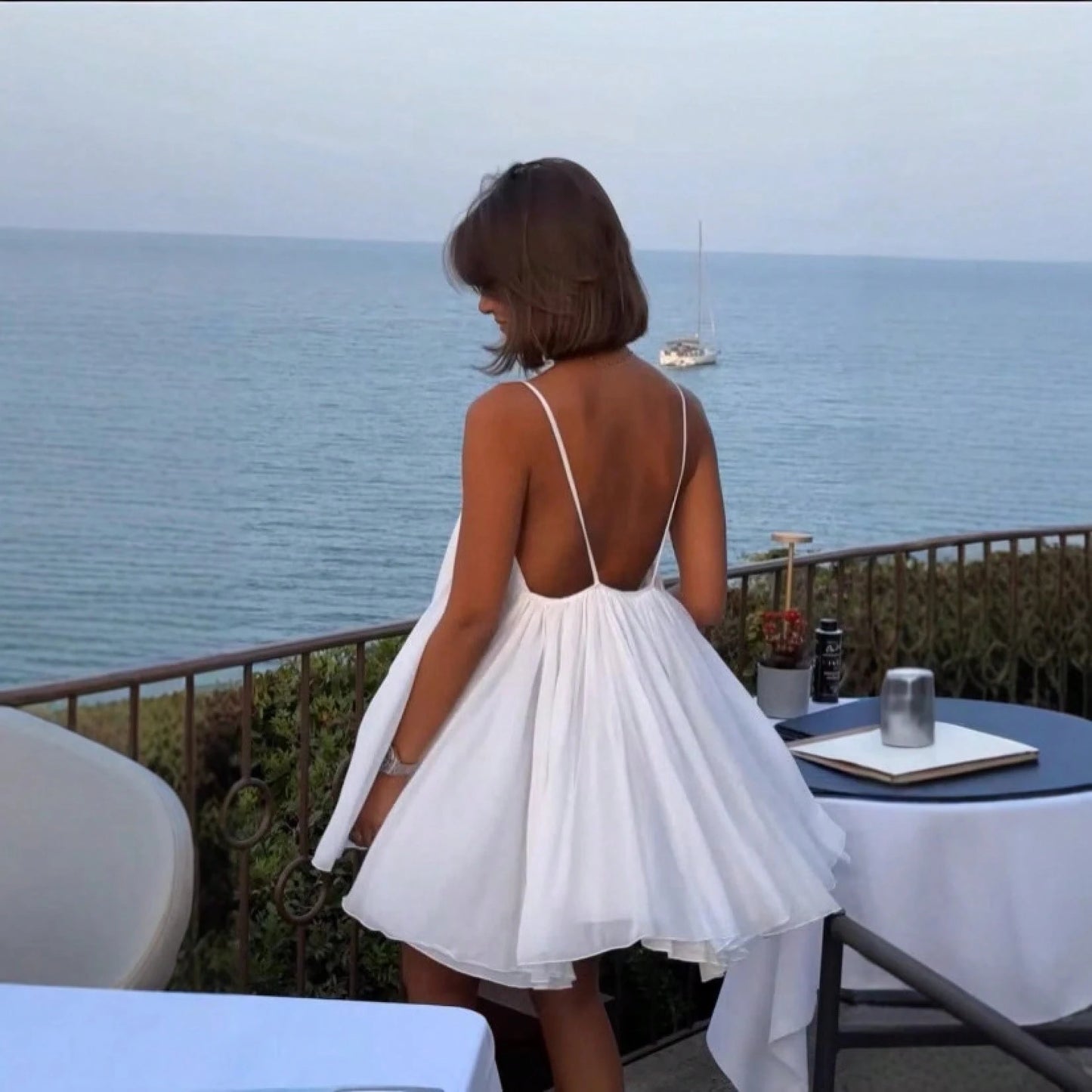 Women Chic French Vacation Backless Mini Dress Stylish Open Back Spaghetti Strap Dress Ideal Outfit For Beach Party