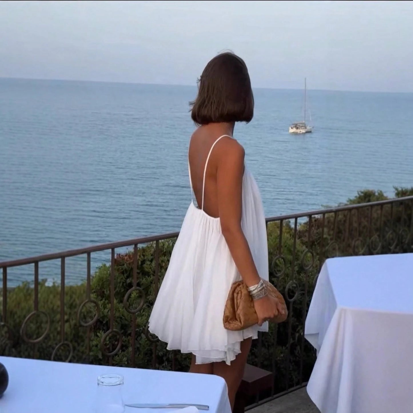 Women Chic French Vacation Backless Mini Dress Stylish Open Back Spaghetti Strap Dress Ideal Outfit For Beach Party