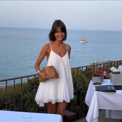 Women Chic French Vacation Backless Mini Dress Stylish Open Back Spaghetti Strap Dress Ideal Outfit For Beach Party