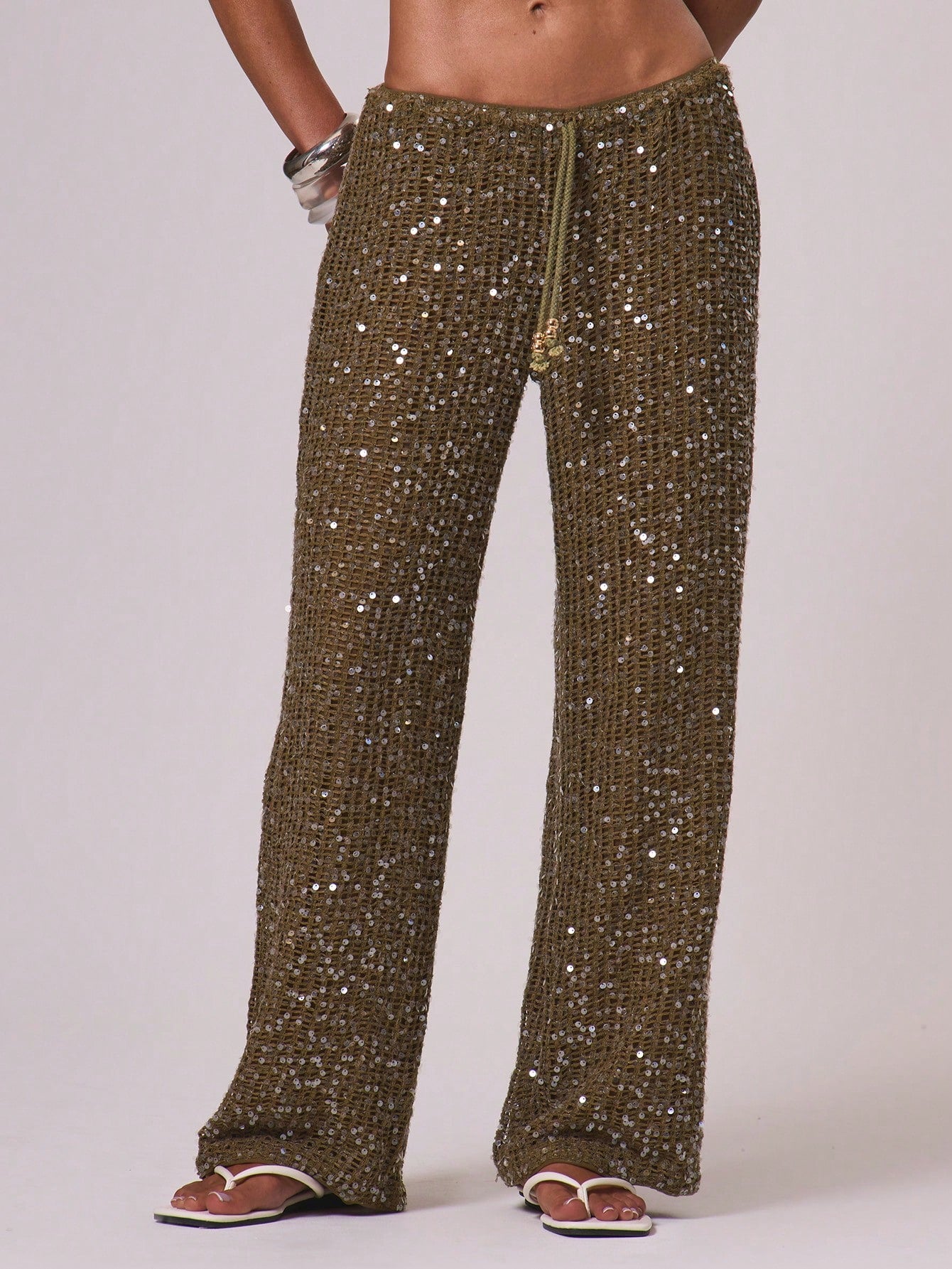 Women Cover Ups Ibiza Boho Vacation Holiday Beach Elegant Summer Sequin Wide Leg Crochet Trouser