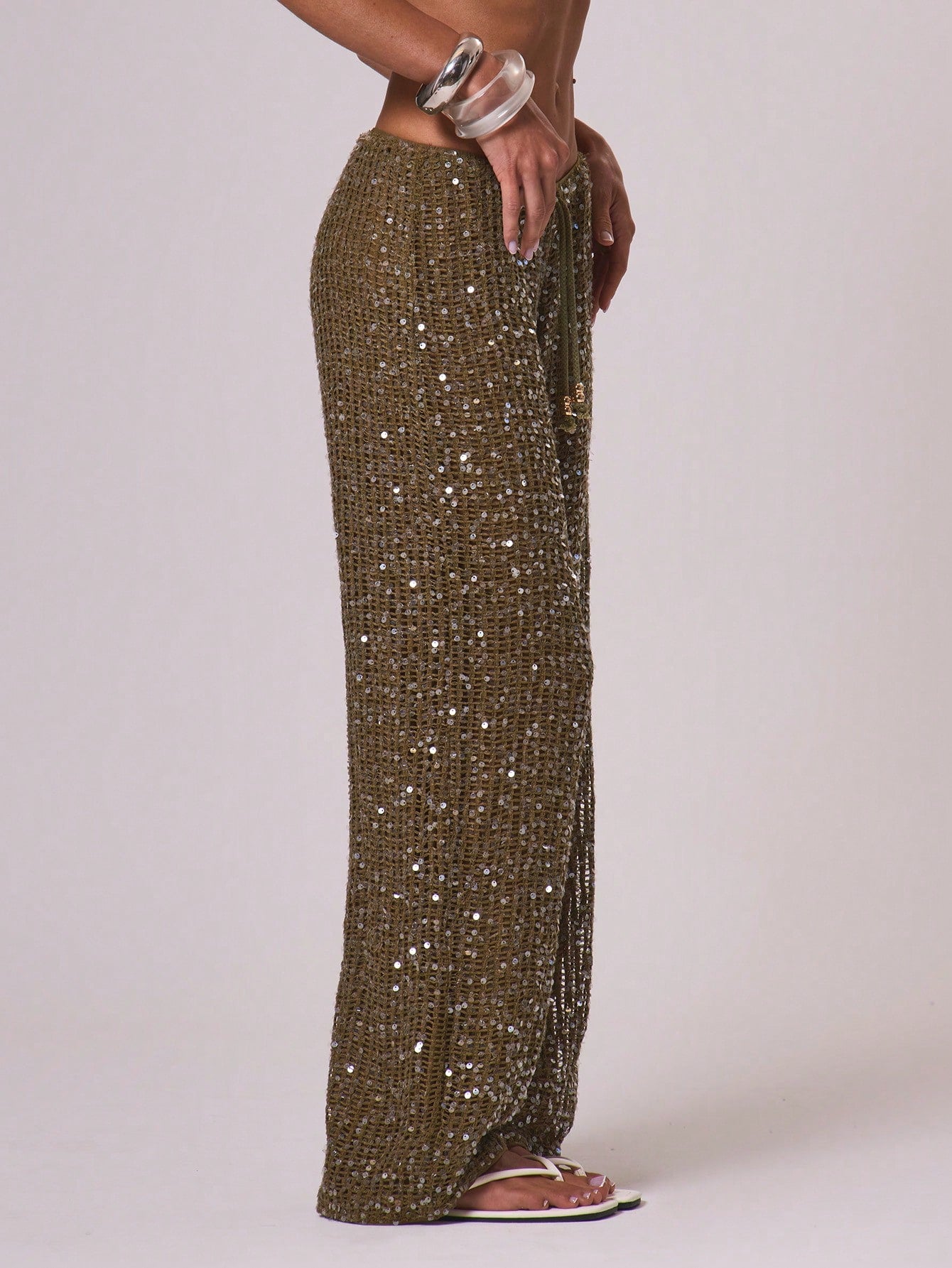 Women Cover Ups Ibiza Boho Vacation Holiday Beach Elegant Summer Sequin Wide Leg Crochet Trouser
