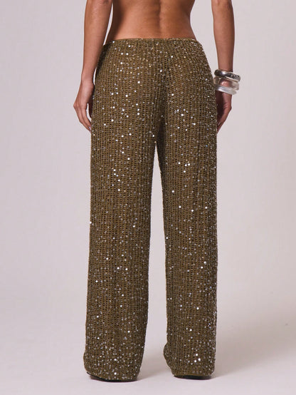 Women Cover Ups Ibiza Boho Vacation Holiday Beach Elegant Summer Sequin Wide Leg Crochet Trouser