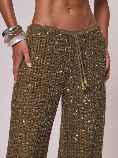 Women Cover Ups Ibiza Boho Vacation Holiday Beach Elegant Summer Sequin Wide Leg Crochet Trouser