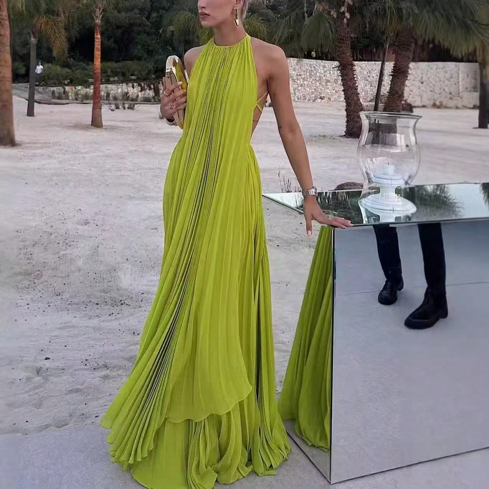 Women Halter Backless Pleated Maxi Gown, Sleeveless Deep Open Back Double Layer Slit Floor Length Formal Evening Party Dress