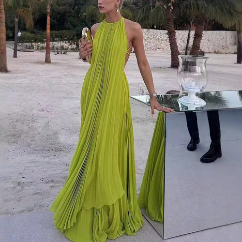 Women Halter Backless Pleated Maxi Gown, Sleeveless Deep Open Back Double Layer Slit Floor Length Formal Evening Party Dress
