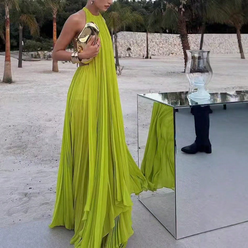 Women Halter Backless Pleated Maxi Gown, Sleeveless Deep Open Back Double Layer Slit Floor Length Formal Evening Party Dress