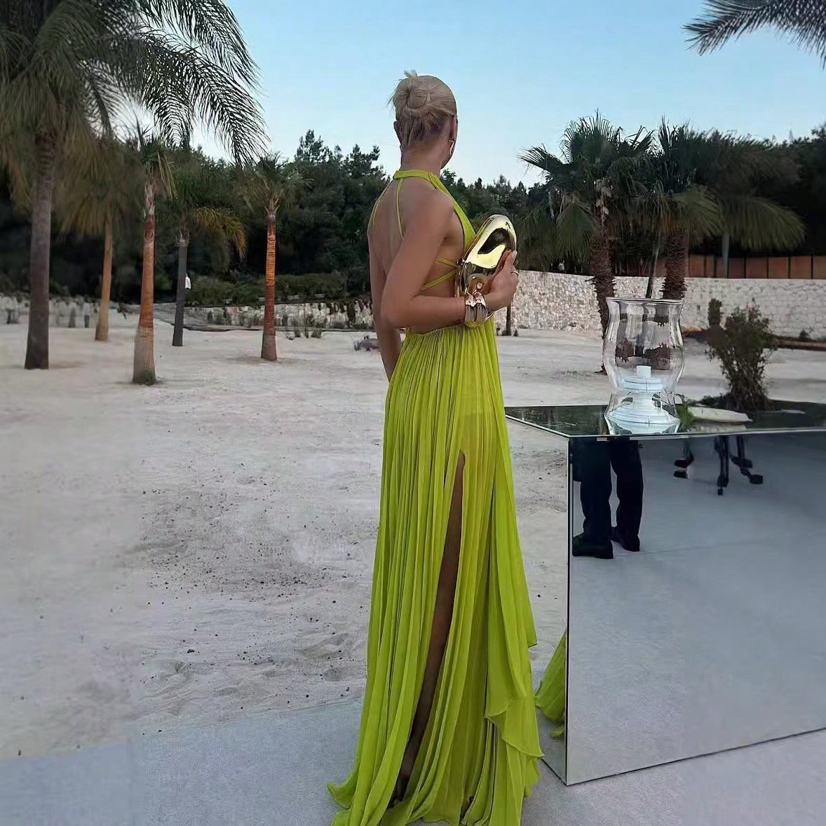 Women Halter Backless Pleated Maxi Gown, Sleeveless Deep Open Back Double Layer Slit Floor Length Formal Evening Party Dress
