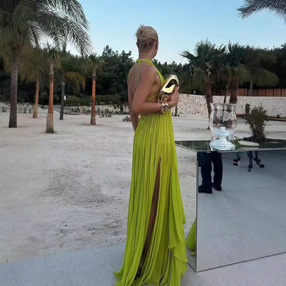 Women Halter Backless Pleated Maxi Gown, Sleeveless Deep Open Back Double Layer Slit Floor Length Formal Evening Party Dress