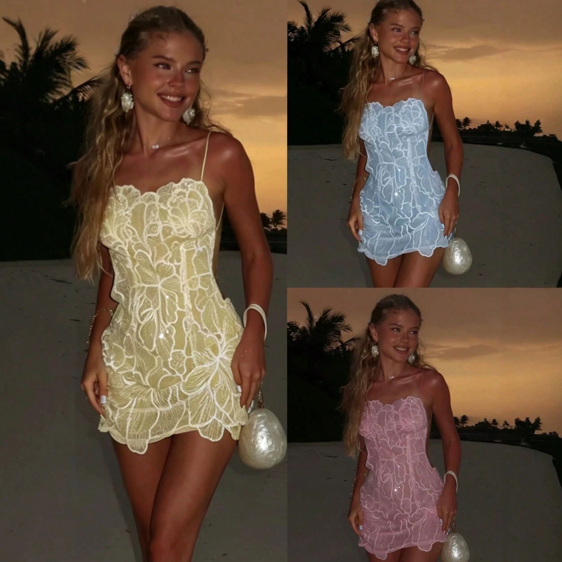 Women Open Back Dress Beach Vacation Sequin Embroidery Sexy Cute European Style Holiday Dress