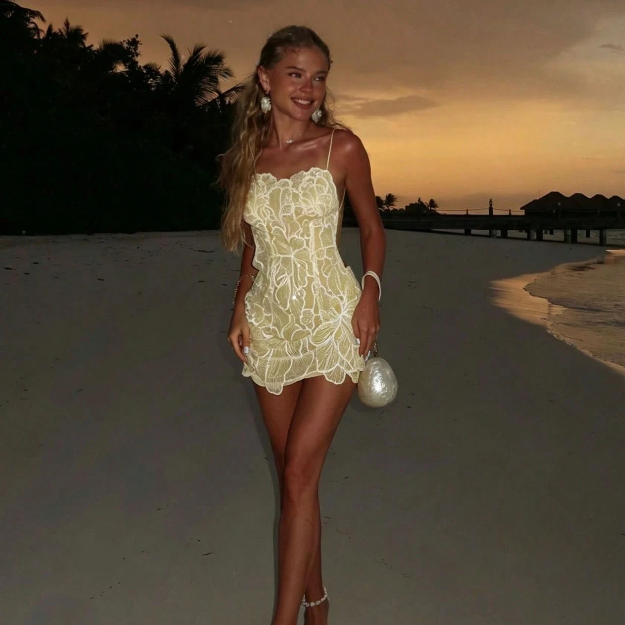 Women Open Back Dress Beach Vacation Sequin Embroidery Sexy Cute European Style Holiday Dress