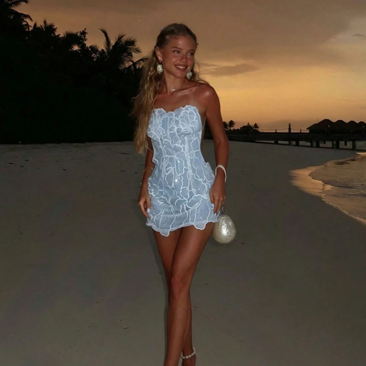Women Open Back Dress Beach Vacation Sequin Embroidery Sexy Cute European Style Holiday Dress
