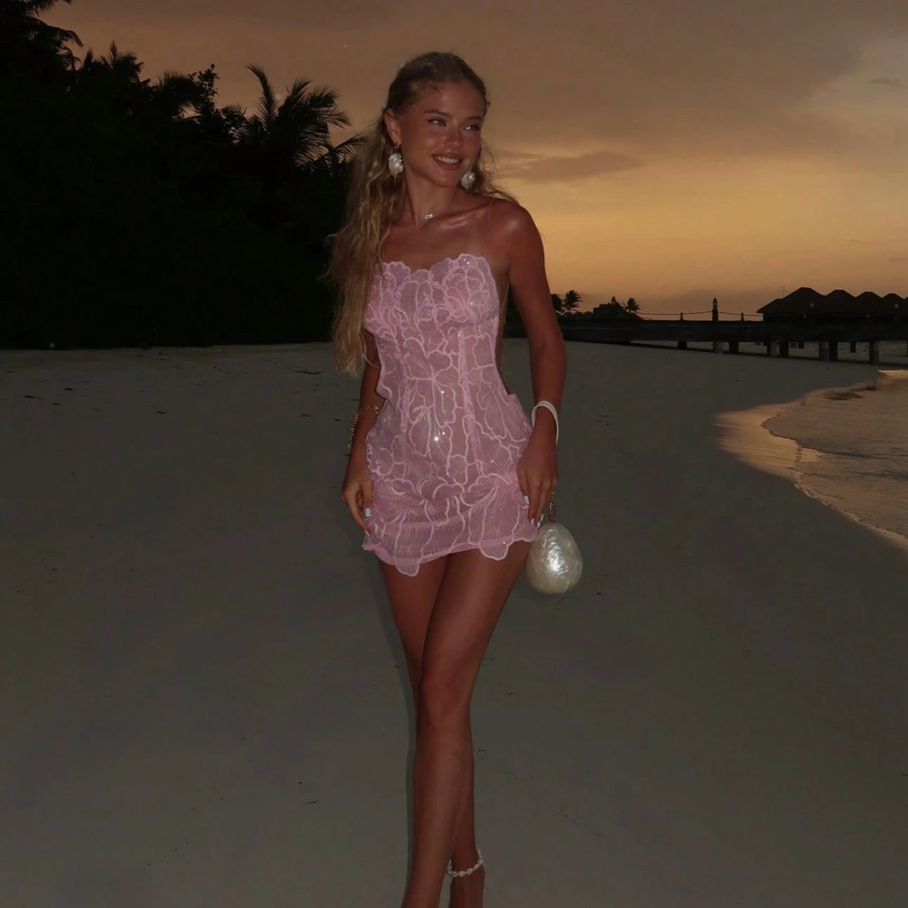 Women Open Back Dress Beach Vacation Sequin Embroidery Sexy Cute European Style Holiday Dress