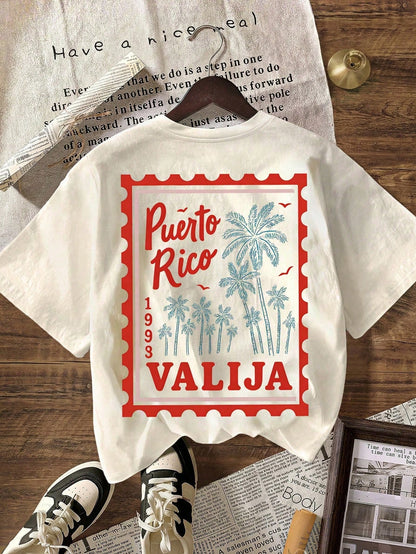 Women Plus Size Casual Round Neck Short Sleeve T-Shirt With Graphic Coconut Tree And Palm Tree Pattern, Suitable For Spring And Summer Vacation