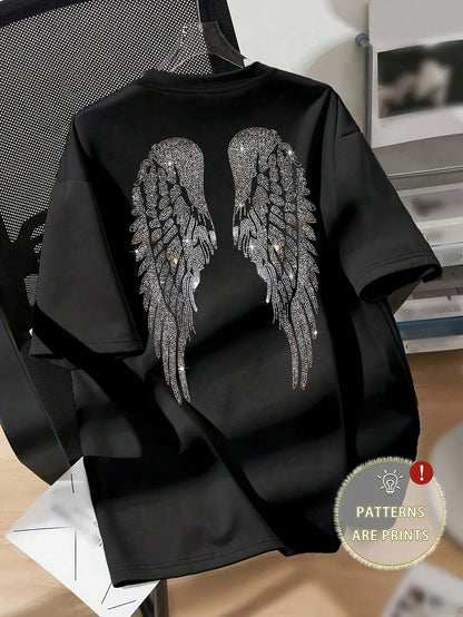 Women Plus Size Casual White Pattern Oversized T-Shirt With Shiny Angel Wings Design, Short Sleeve Round Neck Top, Suitable For Spring/Summer